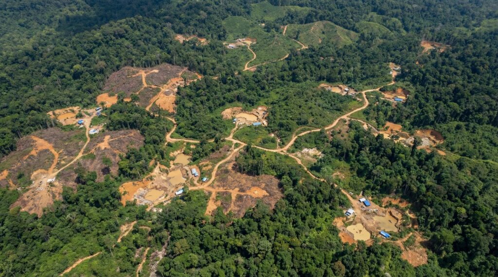 Fig. 3. Satellite view of illegal artisanal mining areas showing large-scale deforestation, land degradation, and water contamination.
